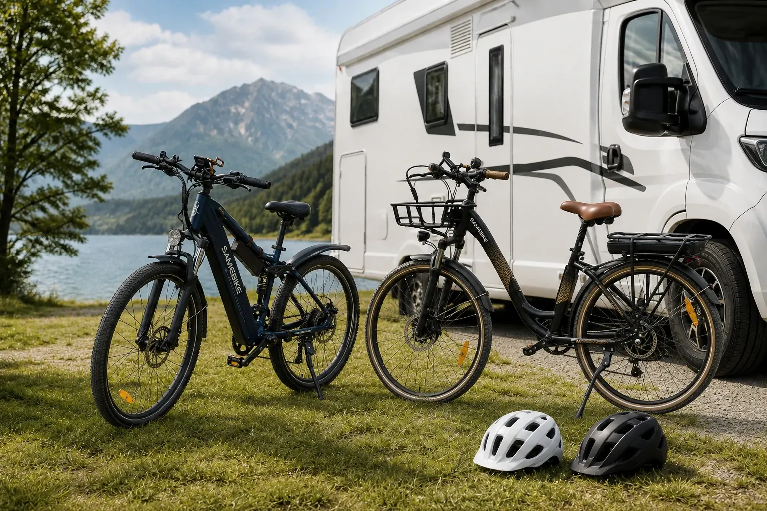 Rowery elektryczne SAMEBIKE i kaski przy kamperze WITCAMP
