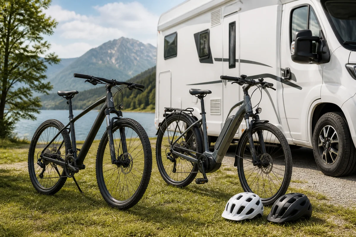 Rowery, rower elektryczny i kaski przy kamperze WITCAMP