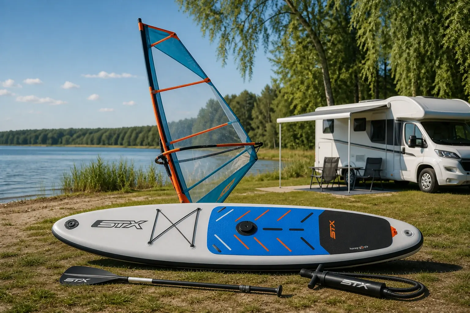 Deska windSUP STX Hybrid Cruiser Family 11'2'' z żaglem, wiosłem i pompką przy kamperze